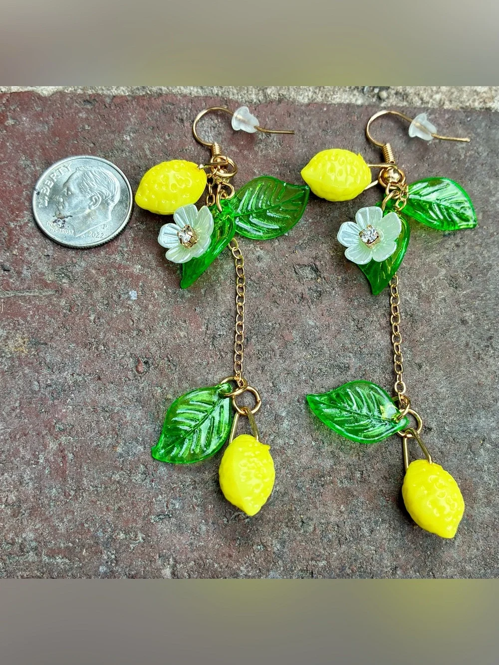 🍋 Citrus Yellow Lemon Drop Dangle Earrings with CZ, Green Leaf & Flower Accents